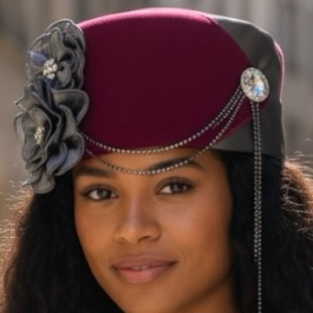 Lisa Rene Red Felt Satin Flower Chain Rhinestone Pillbox-Style Hat - Picture 15 of 15
